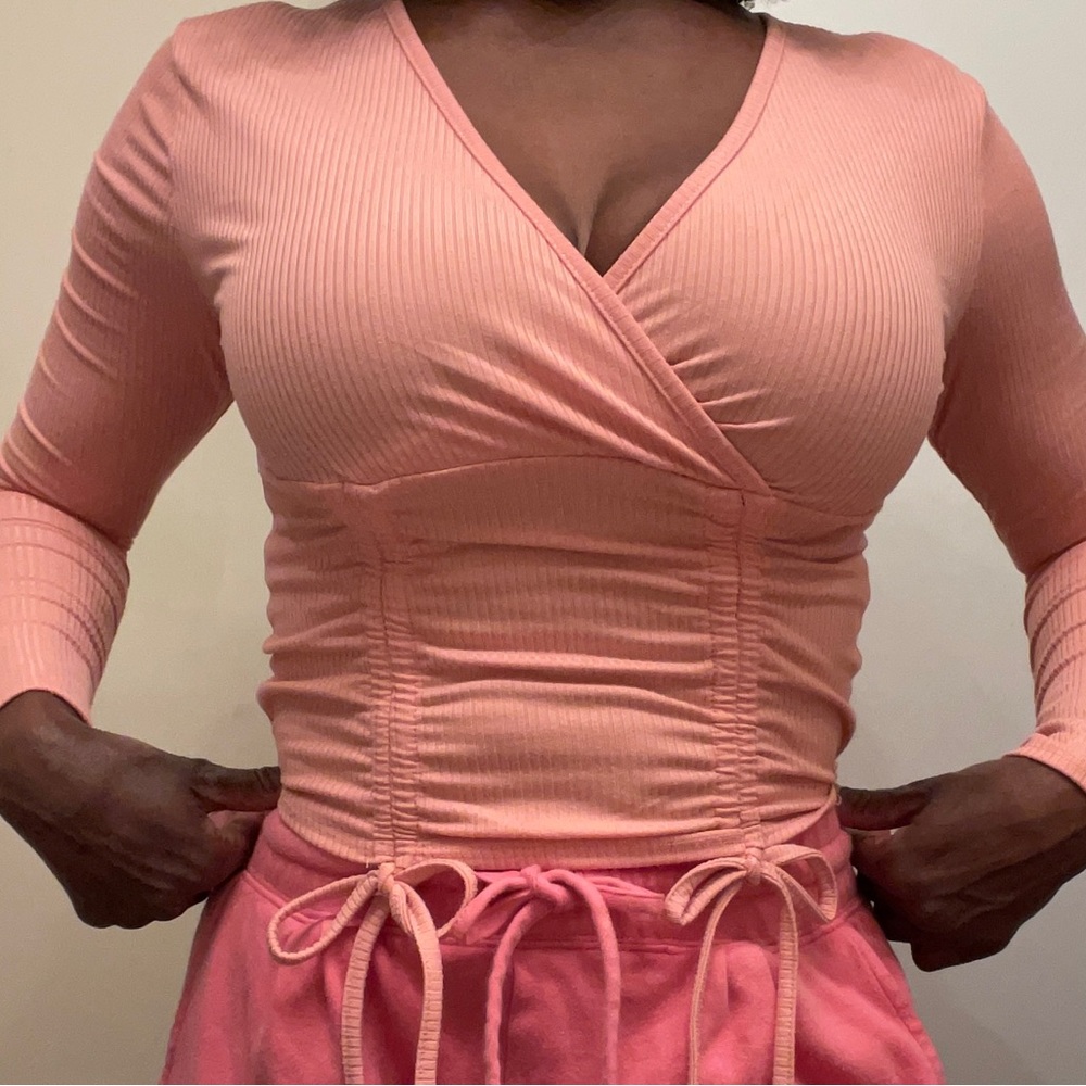 Split Ribbed Drawstring V Neck Top